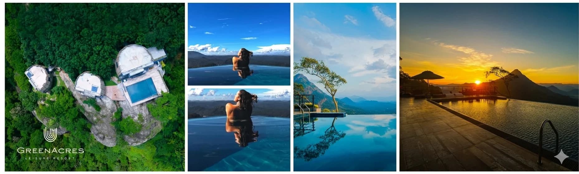 Greenacres Leisure Resort Kandy - aerial view of the dome chalets, infinity pool above the clouds, and mountain sunset panorama