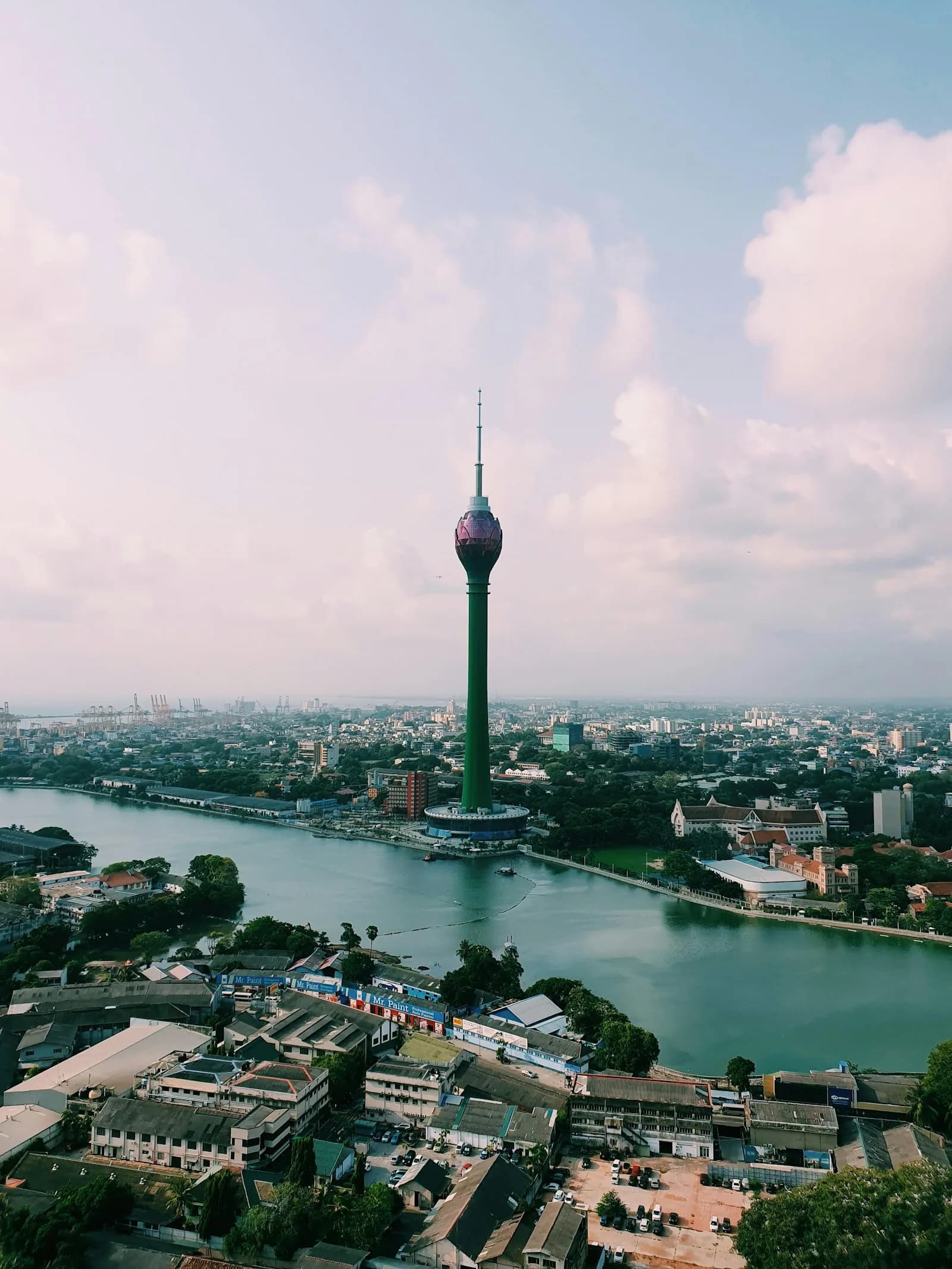 Colombo skyline with Lotus Tower and Beira Lake, Sri Lanka