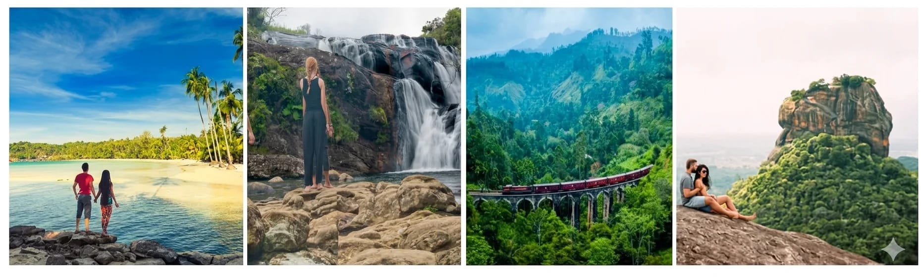 Sri Lanka honeymoon collage - couples on a tropical beach, waterfall in the hill country, the Nine Arch Bridge train viaduct in Ella, and a couple at Sigiriya Rock