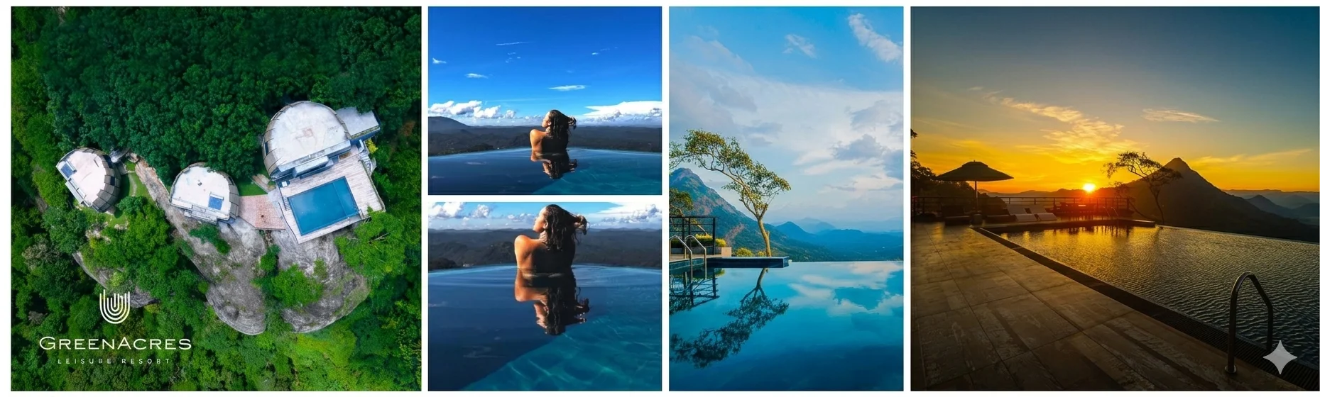 Greenacres Leisure Resort Kandy - aerial view of the dome chalets, infinity pool above the clouds, and mountain sunset panorama