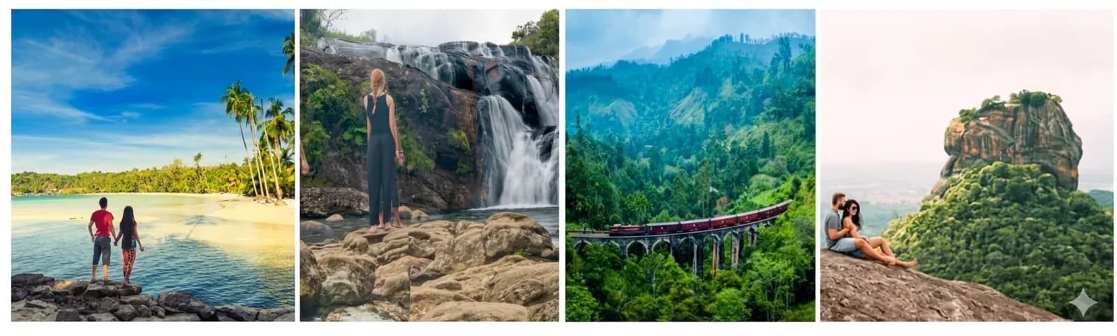 Six-night Sri Lanka honeymoon collage - a couple on a tropical beach, woman at a waterfall, the Nine Arch Bridge in Ella with a passing train, and a couple at Sigiriya Rock Fortress