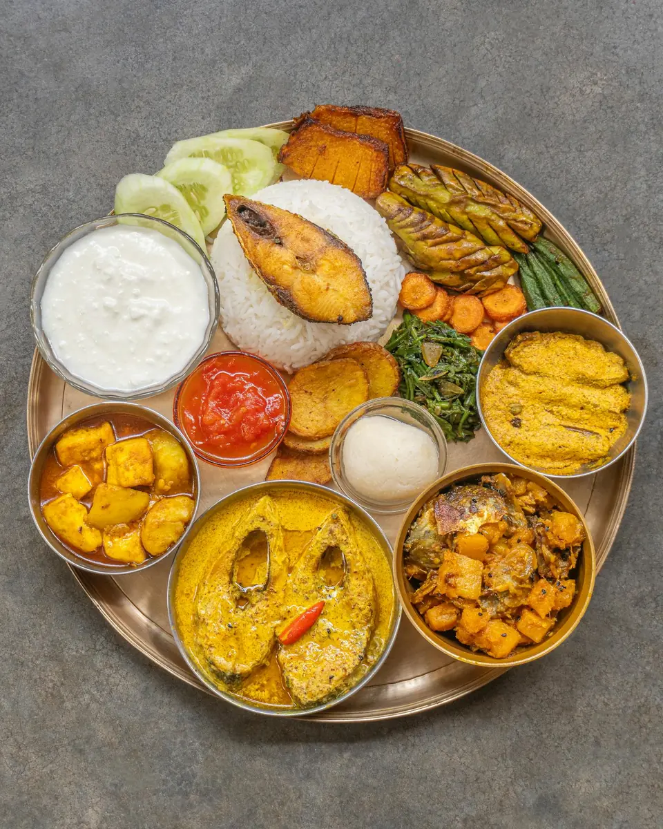A traditional Sri Lankan rice and curry thali with multiple curries including fish, dhal, and vegetable dishes