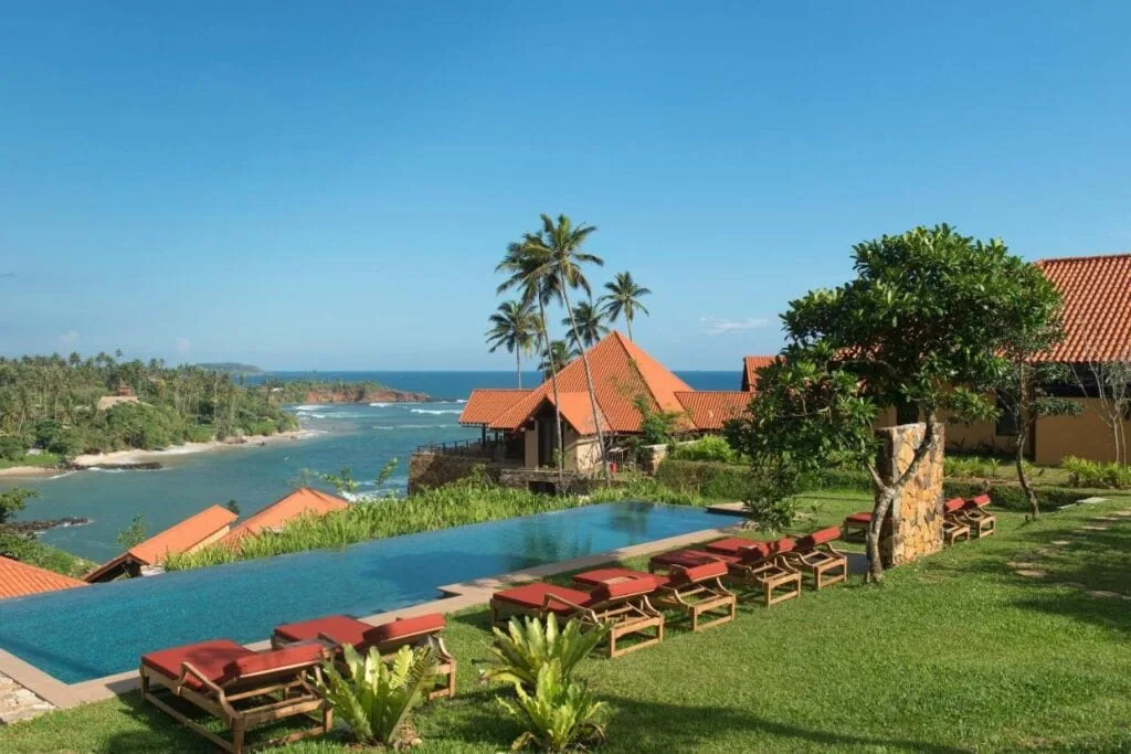 Cape Weligama resort perched on a clifftop above the Indian Ocean in Weligama, Sri Lanka, with panoramic sea views from its terrace