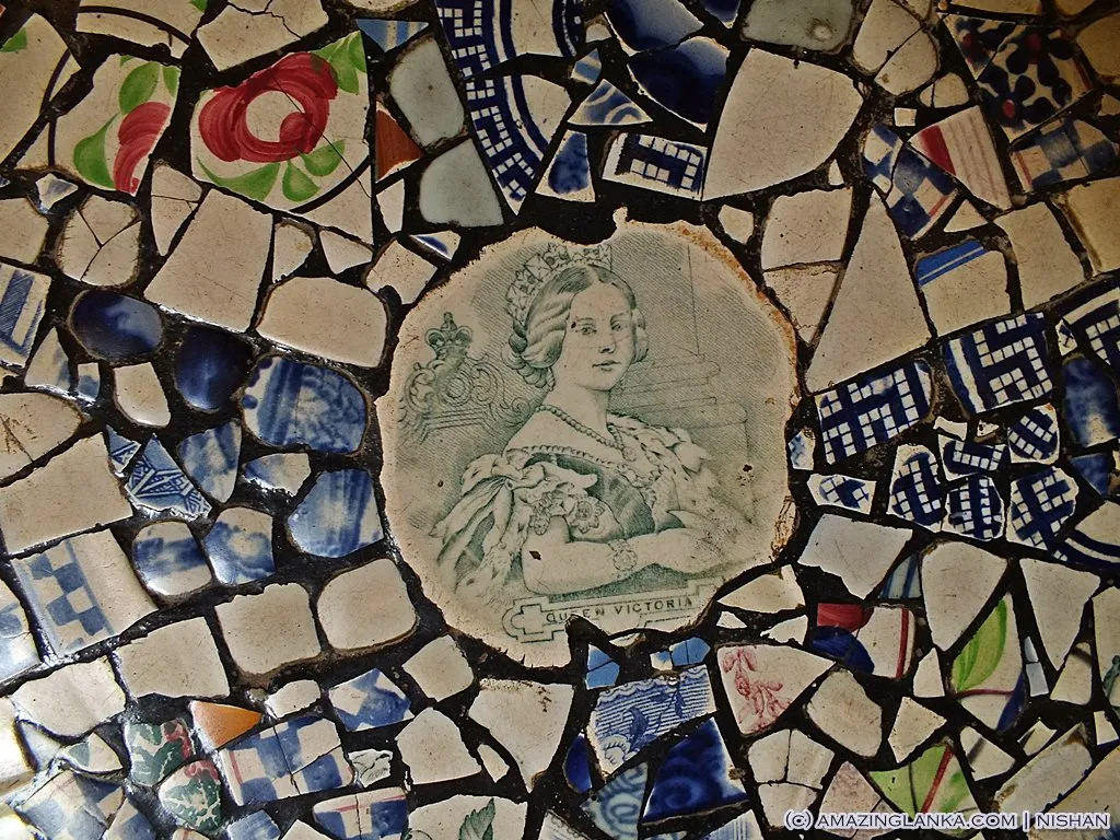 Colonial-era mosaic tile floor inside Maduwanwela Walawwa, made from fragments of European porcelain with a central portrait motif