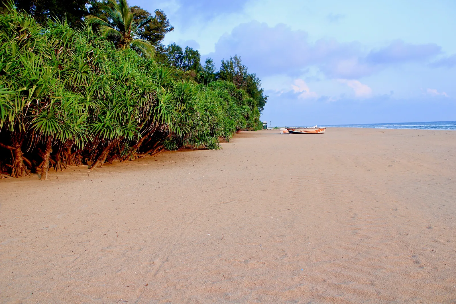 Wide deserted beach on Sri Lanka's east coast near Trincomalee with a traditional fishing boat resting on the sand and dense coastal vegetation