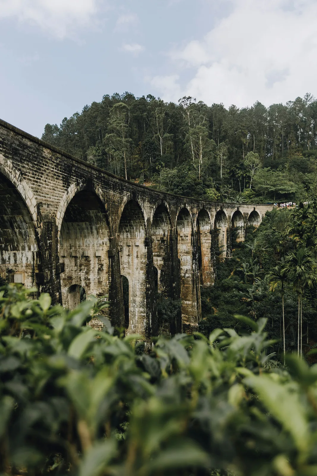 The iconic Nine Arch Bridge in Ella with a Sri Lanka Railways train crossing through lush jungle
