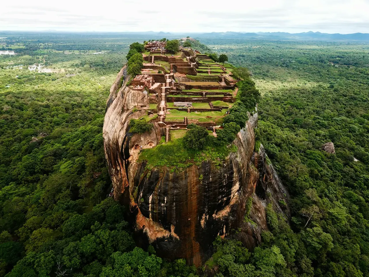 Sigiriya Rock Fortress rising dramatically above the surrounding jungle canopy in Sri Lanka's Cultural Triangle